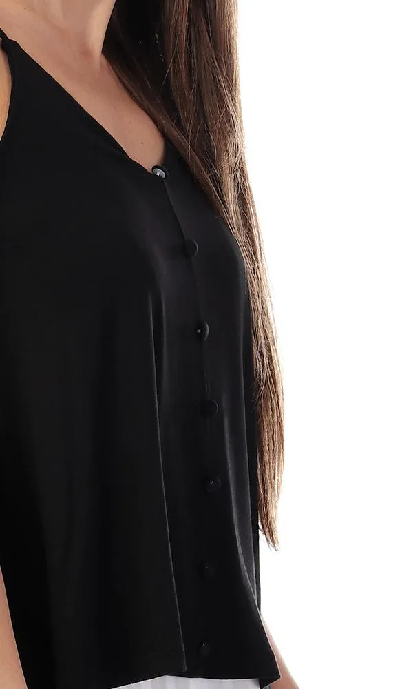 53489 Decorated Buttons With Spaghetti Straps Top - Black