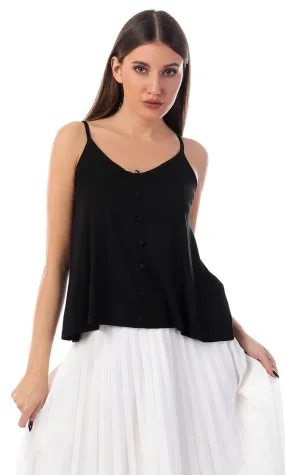 53489 Decorated Buttons With Spaghetti Straps Top - Black