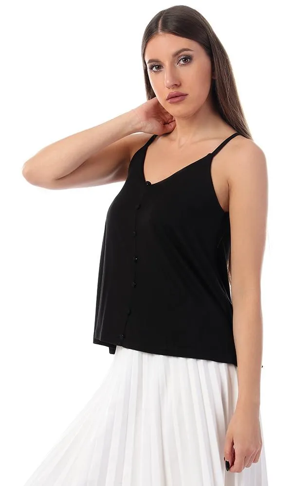 53489 Decorated Buttons With Spaghetti Straps Top - Black