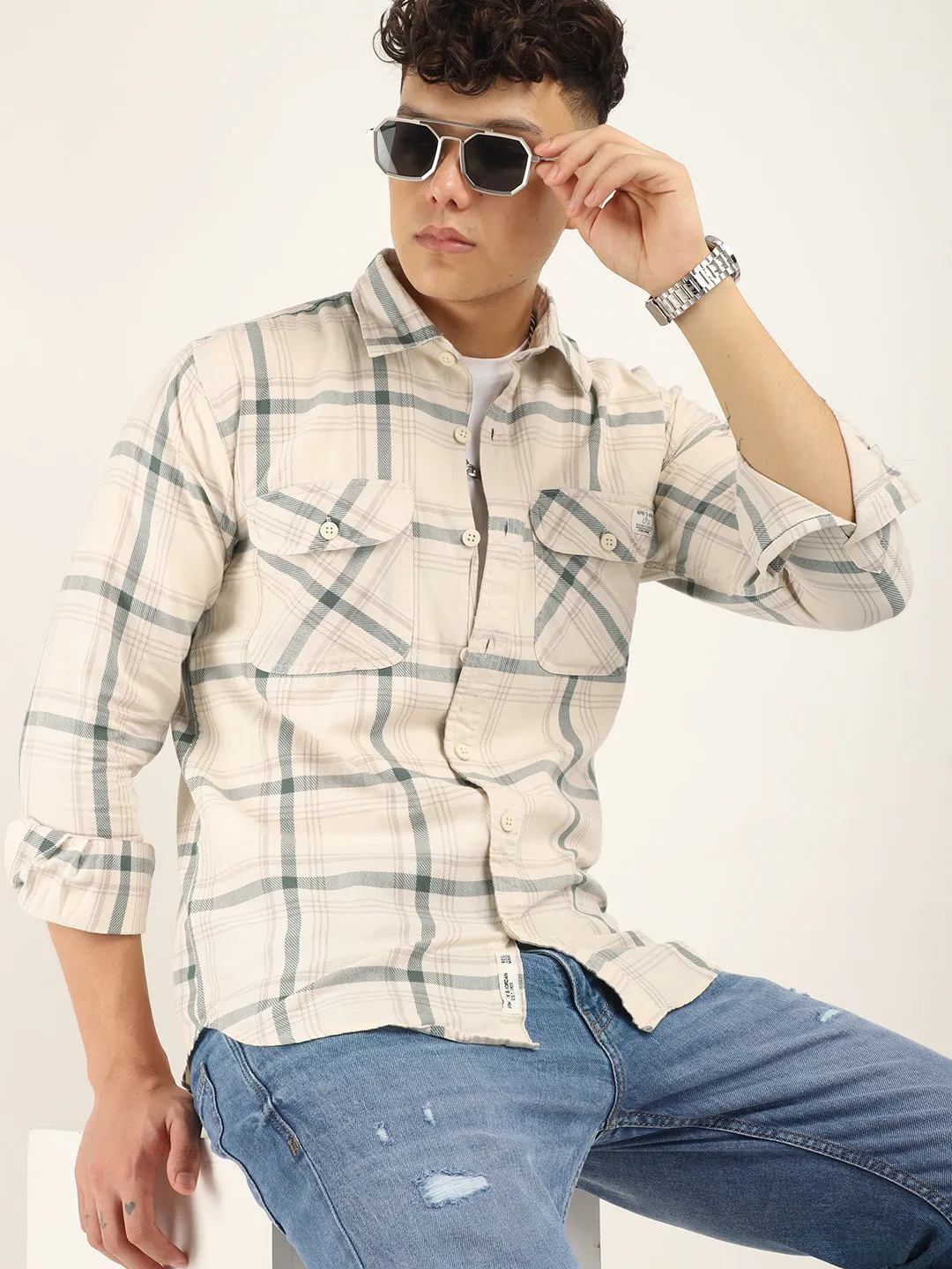 Alain Oxford Full Sleeve Beige Shirt for Men