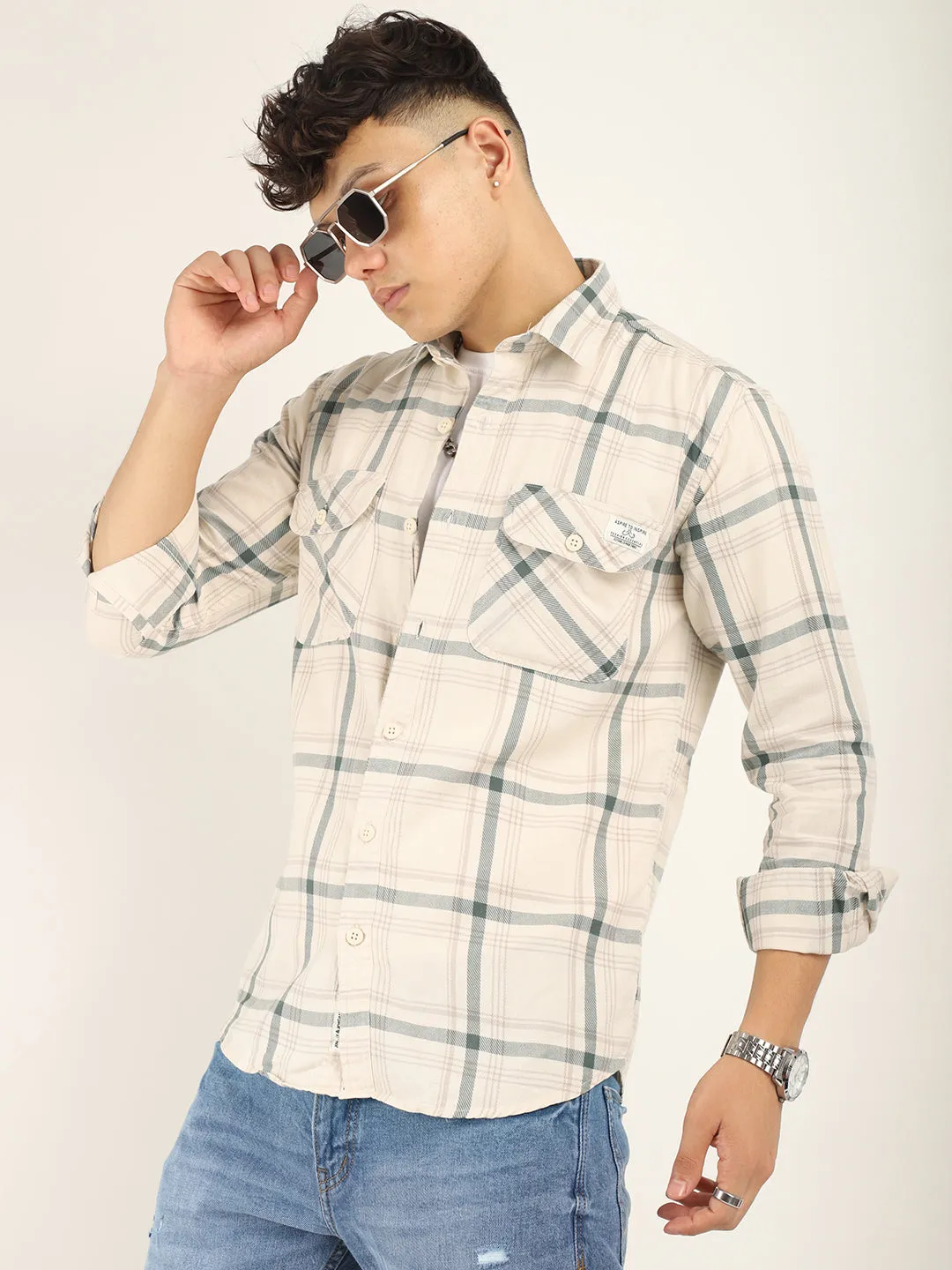 Alain Oxford Full Sleeve Beige Shirt for Men