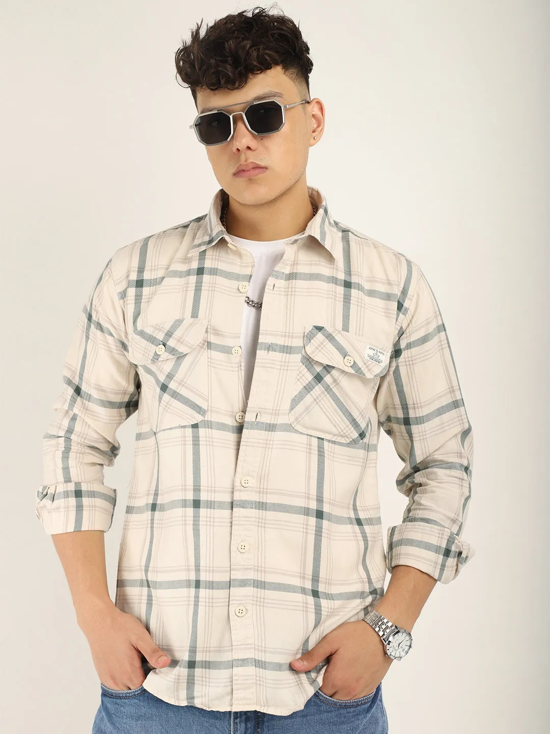 Alain Oxford Full Sleeve Beige Shirt for Men