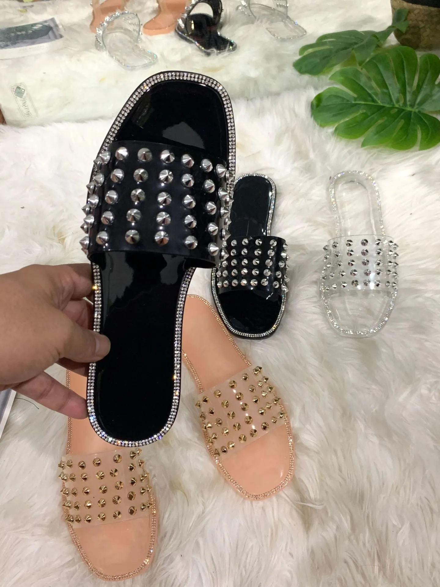 Fashion rivet crystal flat slippers（HPSD224）