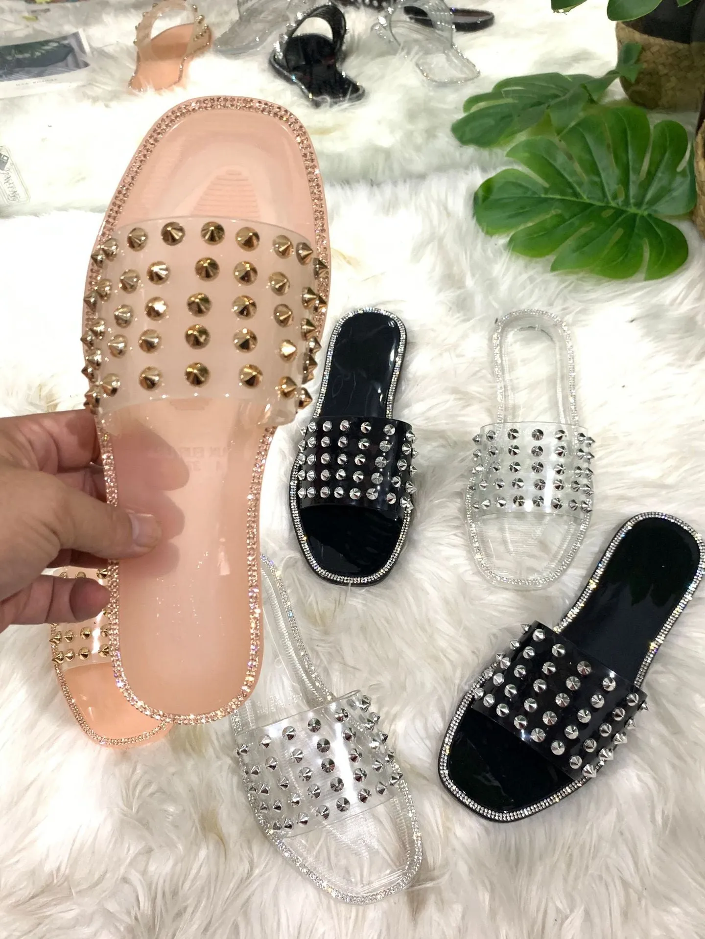 Fashion rivet crystal flat slippers（HPSD224）