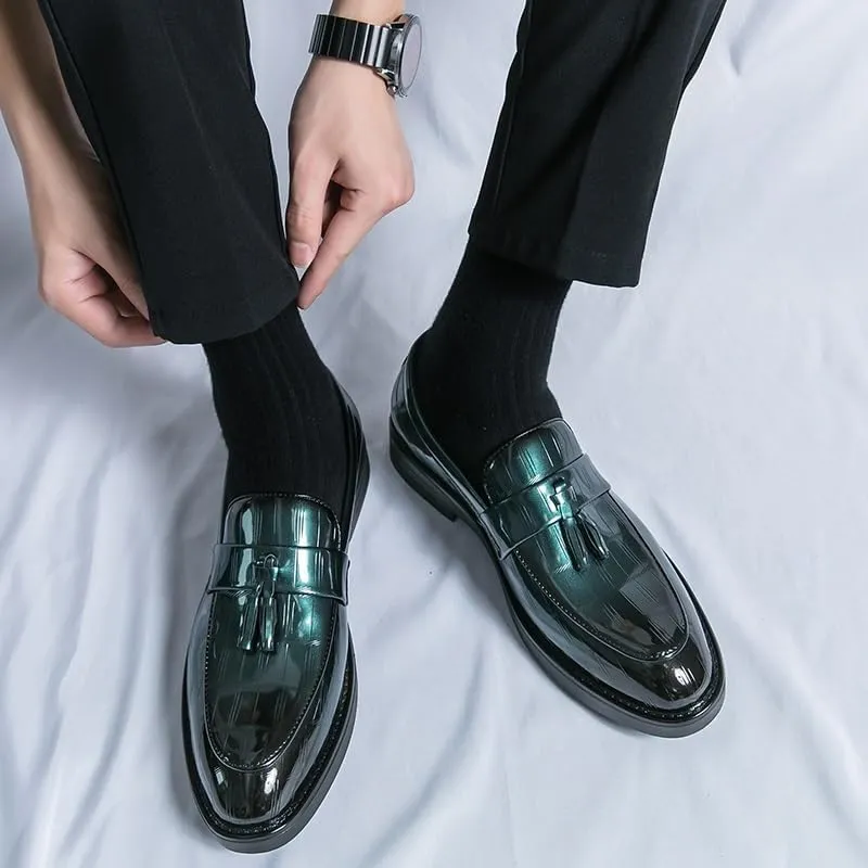 Formal Oxford Shoes for Men Slip On Round Burnished Toe PU Leather with Tassel Loafer Shoes Low Top Rubber Sole Anti-Slip Block Heel Outdoor