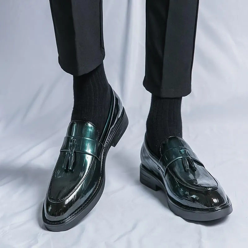 Formal Oxford Shoes for Men Slip On Round Burnished Toe PU Leather with Tassel Loafer Shoes Low Top Rubber Sole Anti-Slip Block Heel Outdoor