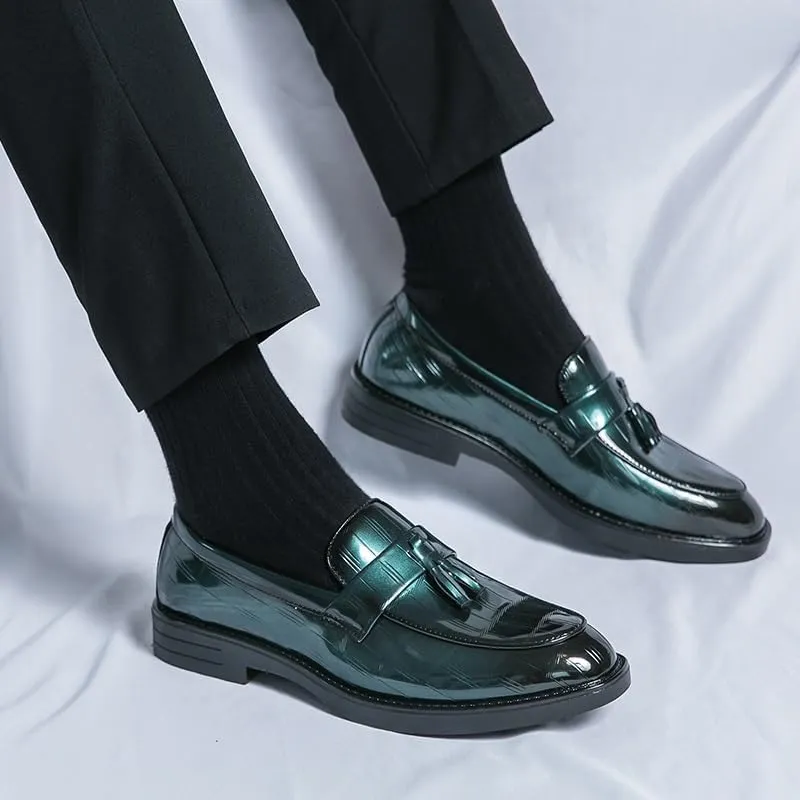 Formal Oxford Shoes for Men Slip On Round Burnished Toe PU Leather with Tassel Loafer Shoes Low Top Rubber Sole Anti-Slip Block Heel Outdoor
