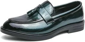 Formal Oxford Shoes for Men Slip On Round Burnished Toe PU Leather with Tassel Loafer Shoes Low Top Rubber Sole Anti-Slip Block Heel Outdoor