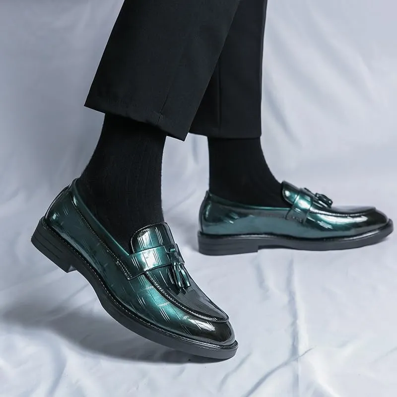 Formal Oxford Shoes for Men Slip On Round Burnished Toe PU Leather with Tassel Loafer Shoes Low Top Rubber Sole Anti-Slip Block Heel Outdoor