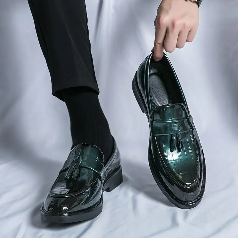 Formal Oxford Shoes for Men Slip On Round Burnished Toe PU Leather with Tassel Loafer Shoes Low Top Rubber Sole Anti-Slip Block Heel Outdoor