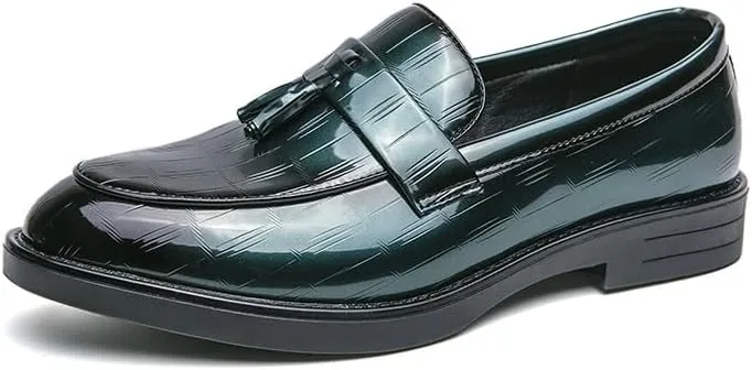 Formal Oxford Shoes for Men Slip On Round Burnished Toe PU Leather with Tassel Loafer Shoes Low Top Rubber Sole Anti-Slip Block Heel Outdoor