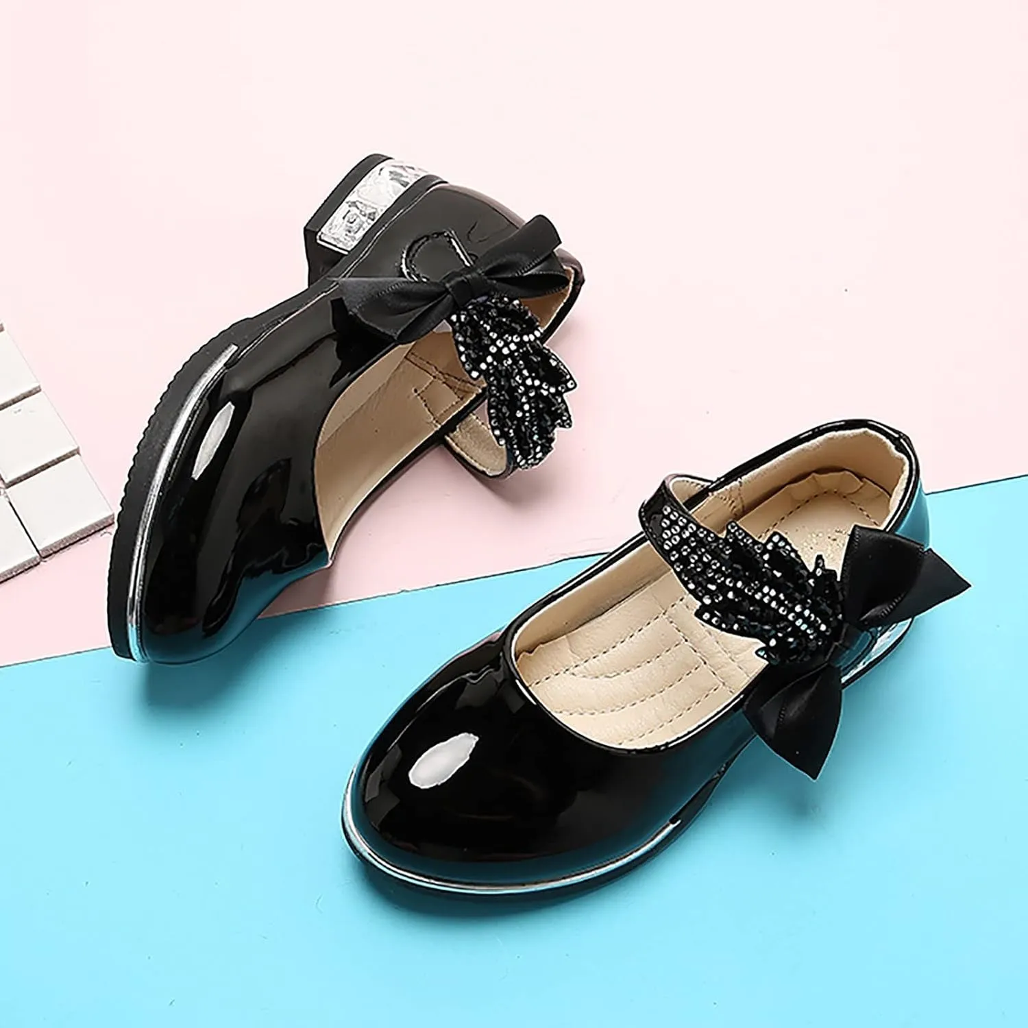 Girls PU Leather Mary Jane Ballet Flat𝘀 Princess Low Heel School Wedding Par𝘁y Dress Shoes for Toddler Kids