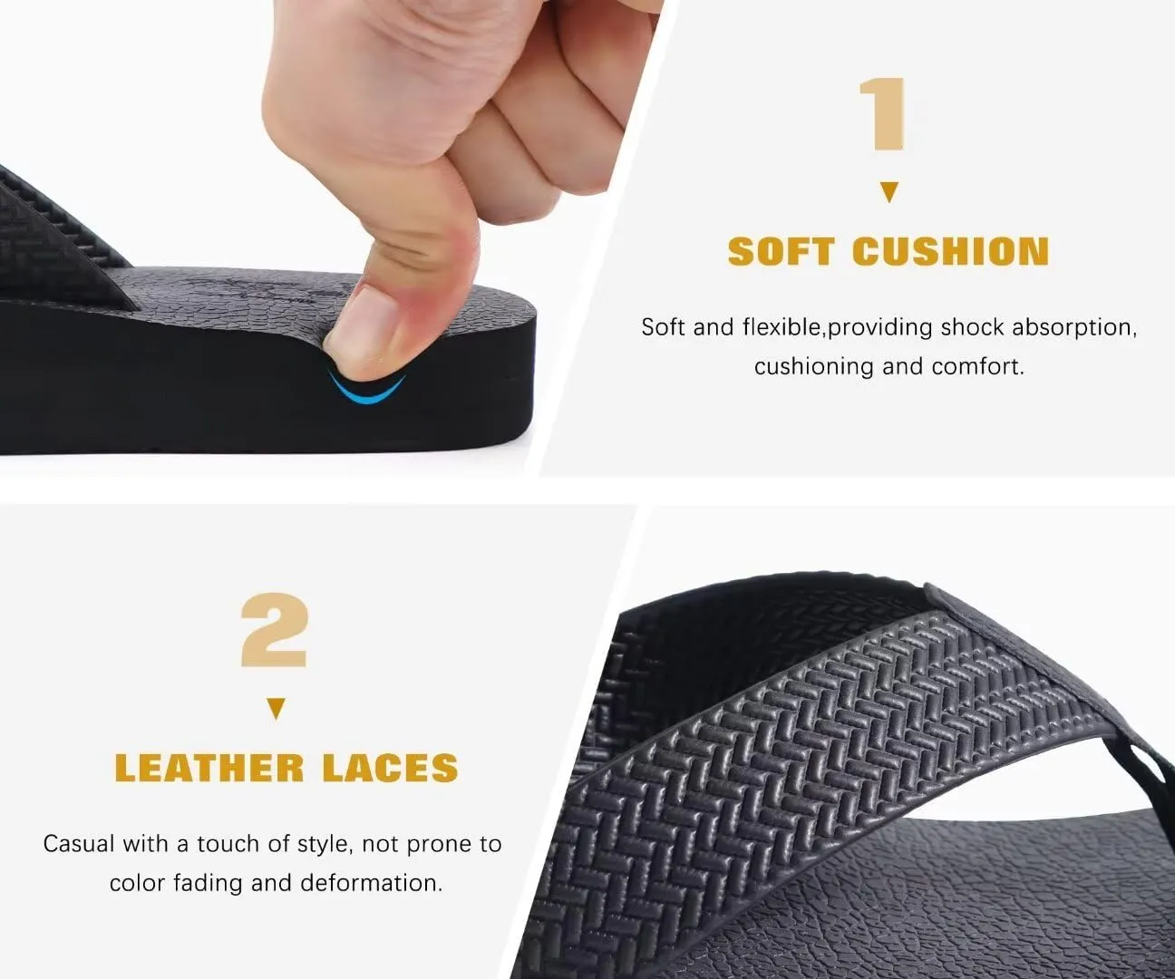 KuaiLu Men's Leather Flip Flops Arch Support Summer Beach Pool Water Thong Sandals Waterproof Rubber Walking Shoes
