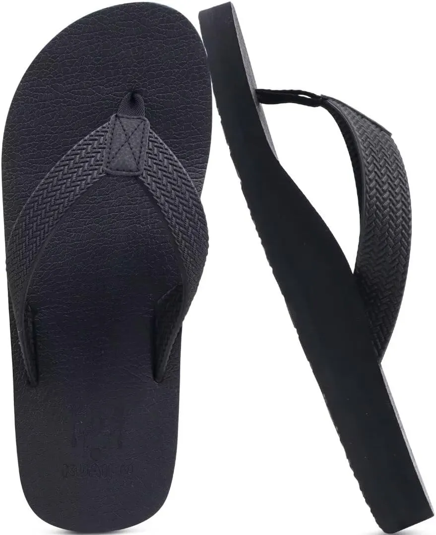 KuaiLu Men's Leather Flip Flops Arch Support Summer Beach Pool Water Thong Sandals Waterproof Rubber Walking Shoes