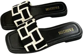 Leather Slides for Women Summer Leisure Flat Sandals Stylish Color Blocked Slippers Versatile Non-slip Women Footwear