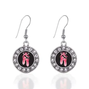 Silver Ballerina Slippers Circle Charm Dangle Earrings