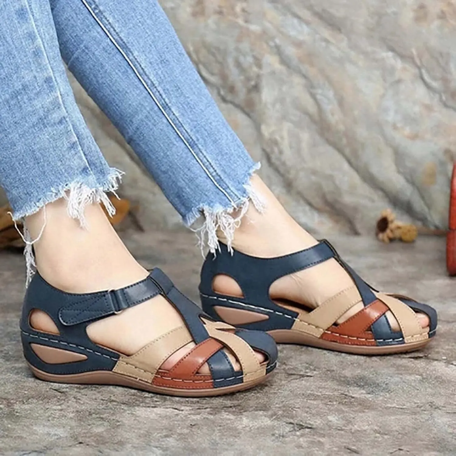 Women's Bow Walking Shoes Cross Buckle Sandals Large Size Lightweight Soft Bottom Shoes Round Toe Slope Heel Sandals