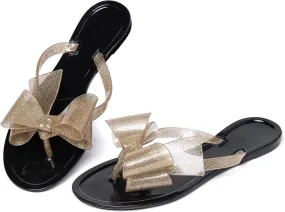 YANWENFANG Women Flip Flops Jelly Thong Waterproof Bow Summer Beach Rain Casual PVC Boho Vacation Flat Sandals