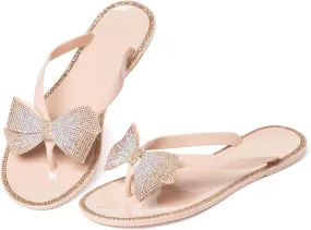 YANWENFANG Women Flip Flops Jelly Thong Waterproof Bow Summer Beach Rain Casual PVC Boho Vacation Flat Sandals